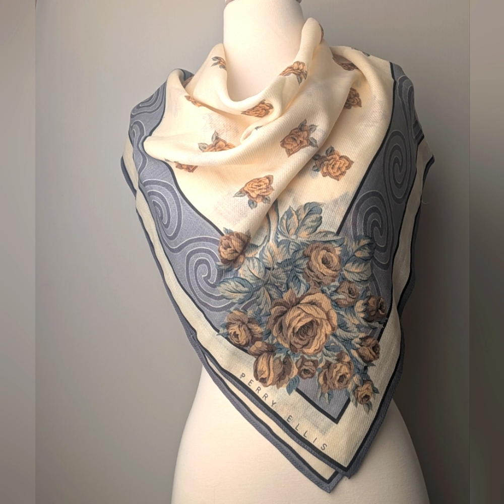 Perry Ellis Cream and Gray Floral Scarf